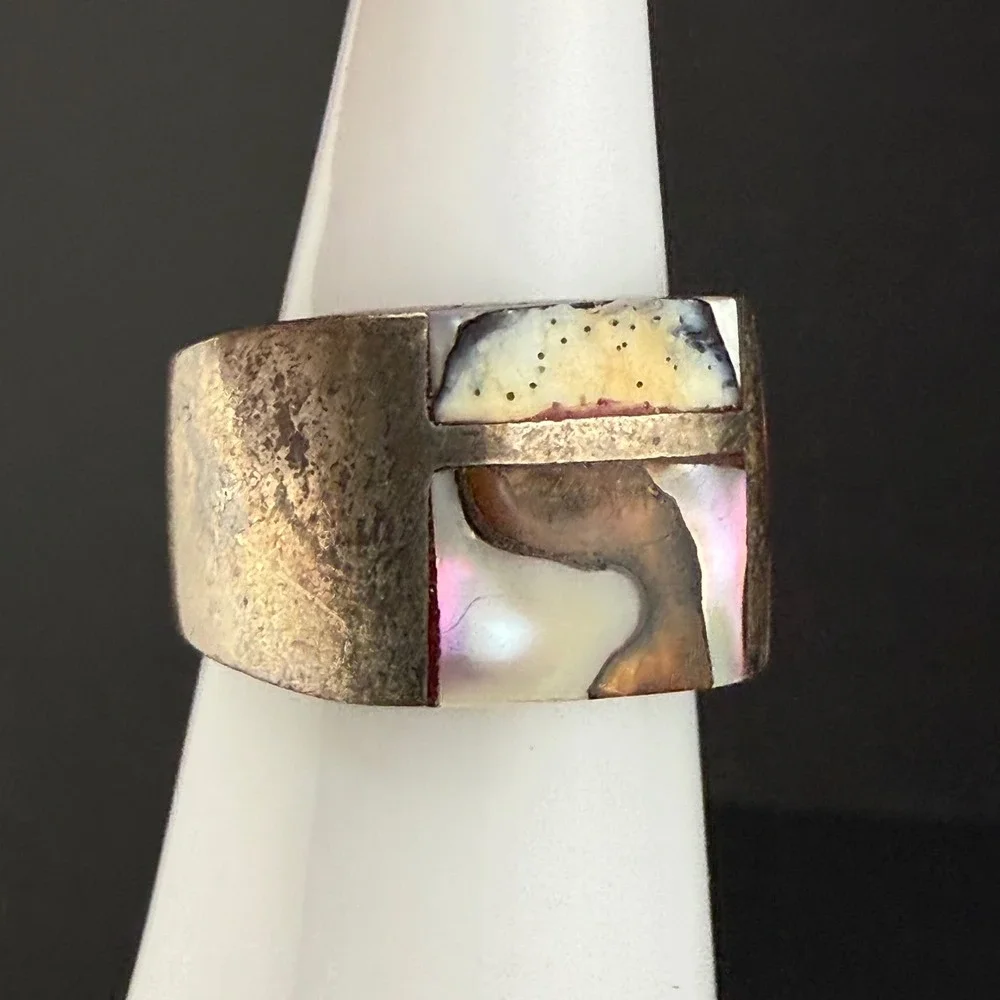 Vintage Sterling Silver Abalone Inlay Wide Cigar Band Ring Chunky Size 11